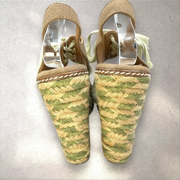 Tory Burch Espadrille Linley Wedge Sandals Brown Canvas with Green/Tan Jute 8M - Picture 5 of 16